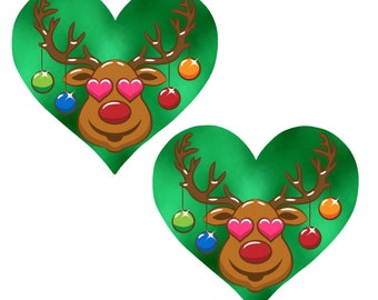 Christmas Doe & Deer Pasties – Green Heart Nipple Covers with Ornaments
