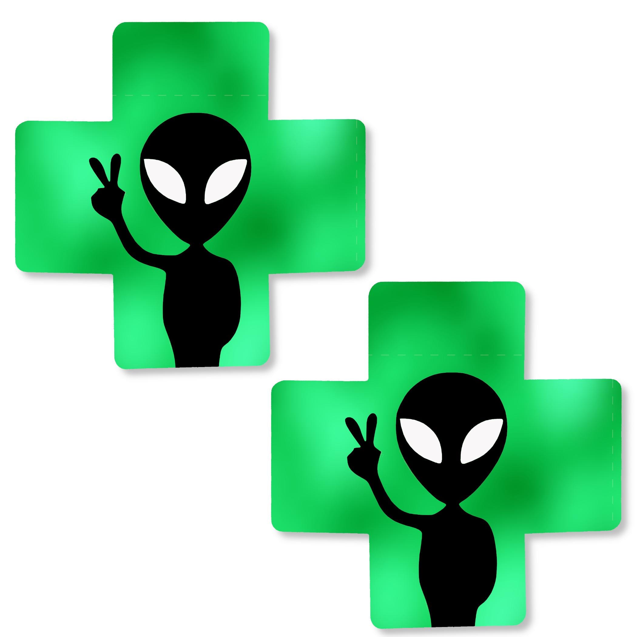 Alien Peace Sign Pasties – Green X Nipple Covers with Black Alien Design