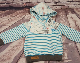 Jungen Hoodie, Kapuzenpullover, Baby Pullover, Jungen, Flugzeuge, Ballons, blau, Pulli, gestreift, Gr.74, Geburtstagsgeschenk