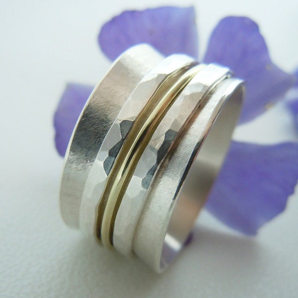 Bicolor rotating ring 585 gold hoop, hammered 925 silver hoop - family ring - gift for her, ring size 60, unique piece