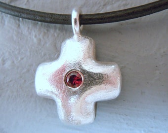 Round silver cross with rhodolite/garnet, 925 silver on a leather strap or silver chain. Gift for communion, confirmation, confirmation