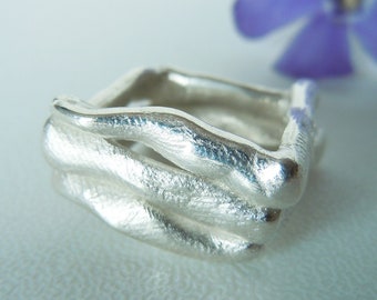 Wide 3-row layer ring made of 925 silver, modeled, square, organic unique jewelry, molten chunky ring, modern, ring size 55