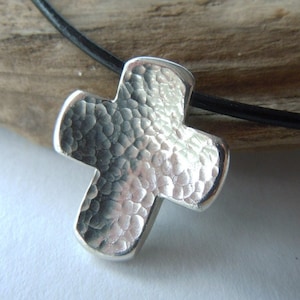 925 silver cross, curved, hammered on leather strap or chain, gift for confirmation, communion, confirmation for teenagers, boys, girls