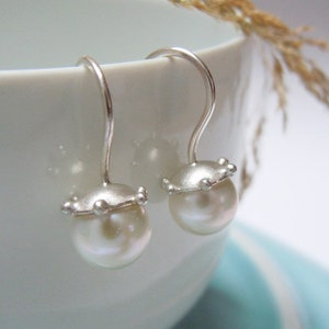 White pearl earrings 925 silver with small round silver beads, gifts for her