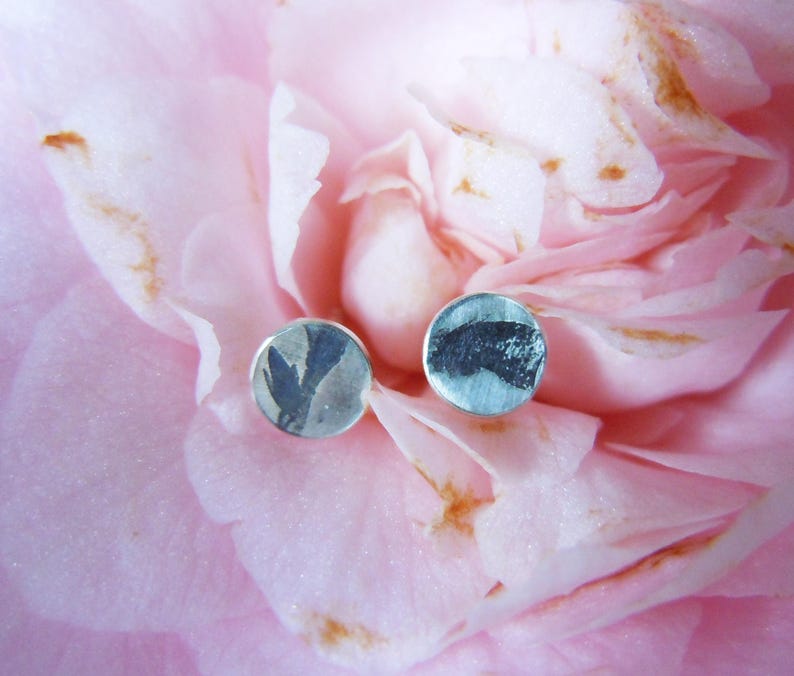 925 sterling silver disc stud earrings, small, vegetable blackened imprint, 5 mm round disc, Wabi Sabi jewelry, gifts for her, black image 4