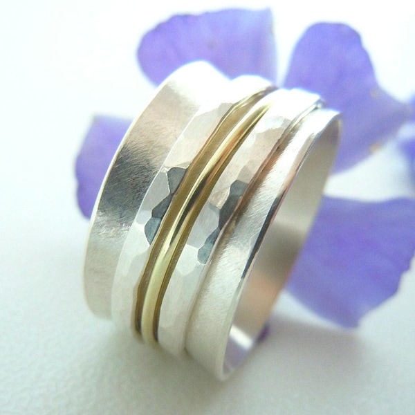 Anillo giratorio bicolor banda de oro 585, bandas de plata 925 martilladas, anillo familiar, regalo para ella, talla de anillo 60, pieza única, anillo de meditación