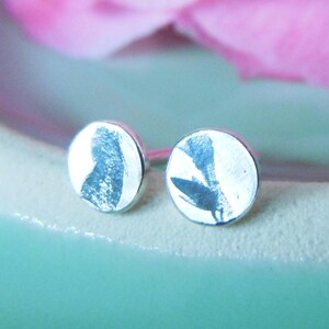 925 sterling silver disc stud earrings, small, vegetable blackened imprint, 5 mm round disc, Wabi Sabi jewelry, gifts for her, black image 1