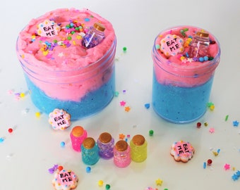 Eat Me/Drink Me Alice Themed Slime - Clear Blue Glittery Slime with Pink Drizzly Cloud Slime - Strawberry Gum and Blueberry Scented