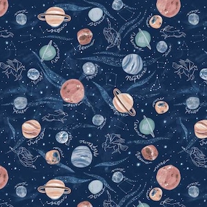 Könnte beinhalten: Ein marineblauer Hintergrund mit einem sich wiederholenden Muster aus Planeten, Sternen und Sternbildern. Die Planeten sind in Aquarell gemalt und tragen Namen wie Saturn, Jupiter, Neptun und Venus. Die Sternbilder bestehen aus weißen Sternen und Linien.