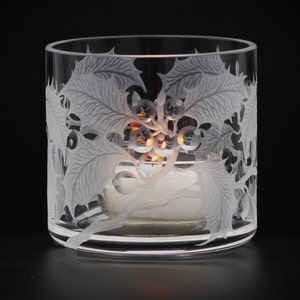 Lantern tealight holder holly deep cut engraving mouth blown hand engraved