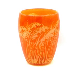 Glass vase lantern nodding pearl grass deep cut engraving mouth blown hand engraved