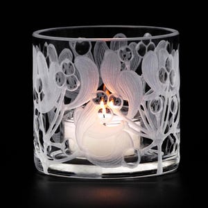 Lantern tealight holder mistletoe deep cut engraving mouth blown hand engraved