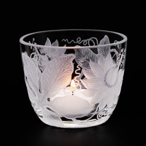 Glass lantern tealight holder passion flower deep cut engraving mouth blown hand engraved,
