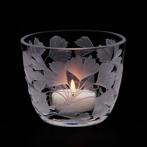 Lantern glass tealight holder Ginkgo biloba crystal glass mouth-blown hand-engraved