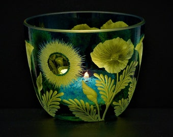 Lantern tea light holder candle holder gold poppy sun deep cut engraving mouth-blown hand-engraved