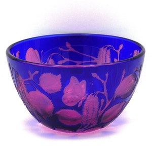 Glass bowl hazelnut branches butterflies deep cut engraving mouth blown hand engraved