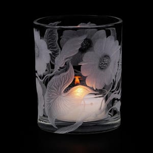 Lantern tealight holder bindweed deep cut engraving mouth blown hand engraved