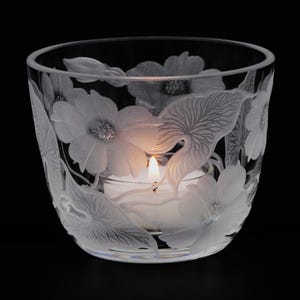 Lantern tealight holder candle holder bindweed deep cut engraving mouth blown hand engraved
