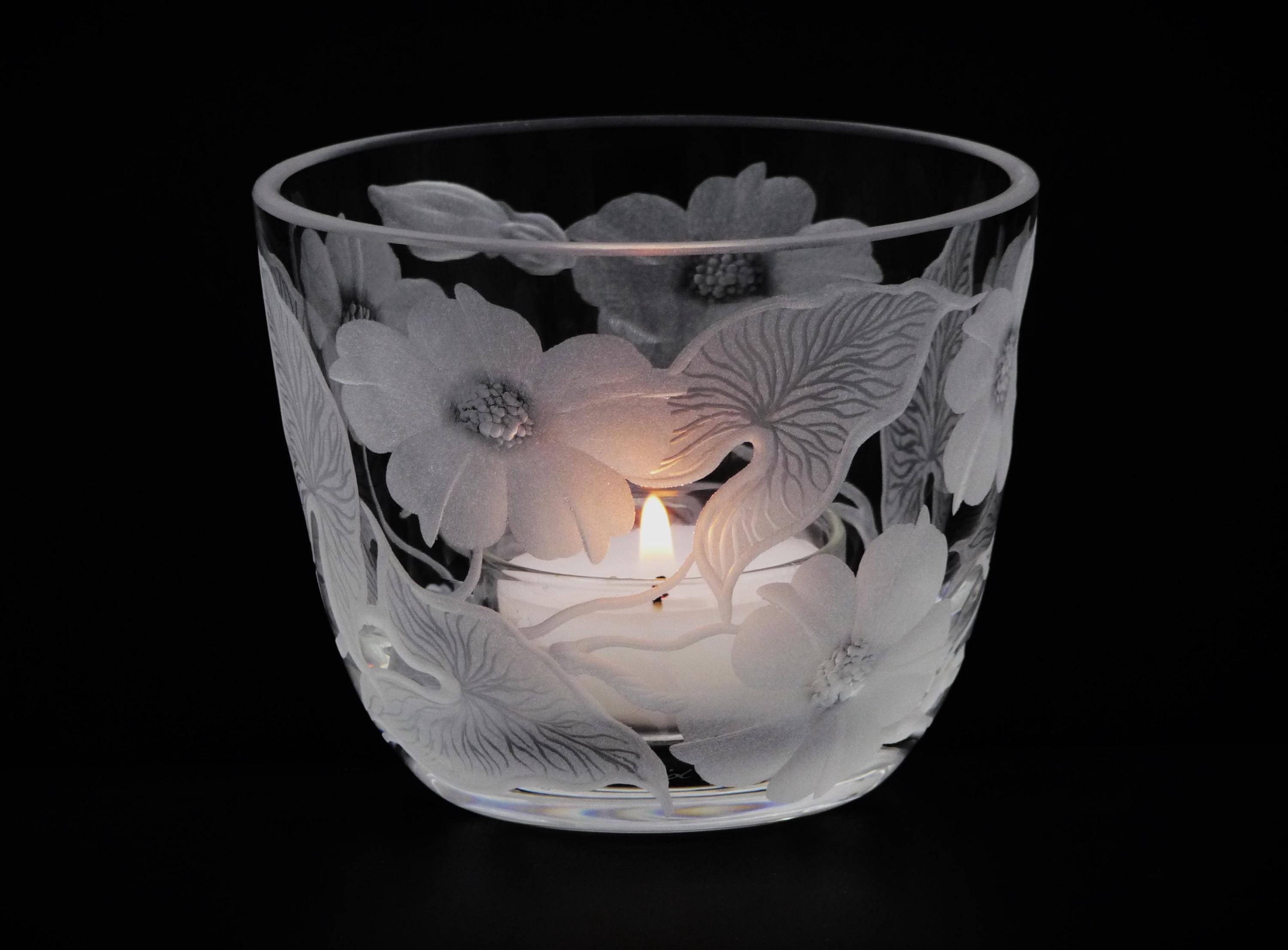 Lantern tealight holder candle holder bindweed deep cut engraving mouth blown hand engraved