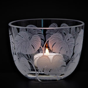 Lantern candle holder window leaf deep cut engraving mouth blown hand engraved