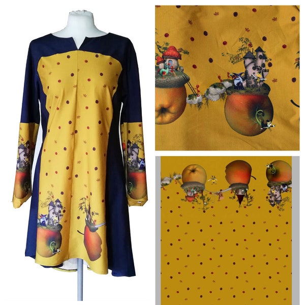 Stenzo cotton jersey with double border with apple motifs in ochre comic style 150 wide