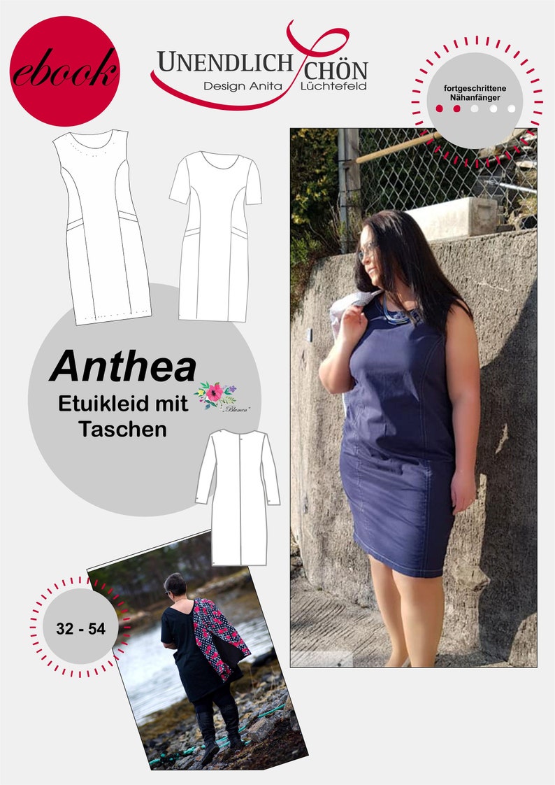 May include: A sewing pattern for a dress called "Anthea" with pockets. The pattern is for sizes 32-54. The pattern is shown on a white background with a model wearing a blue dress.