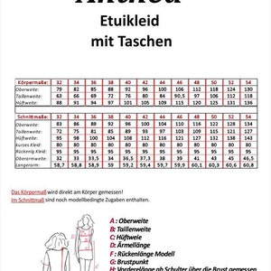 May include: A size chart for a dress pattern called "Anthea" with pockets. The chart shows measurements in inches for both body and pattern sizes. The chart includes measurements for bust, waist, hips, dress length, sleeve length, and armhole.