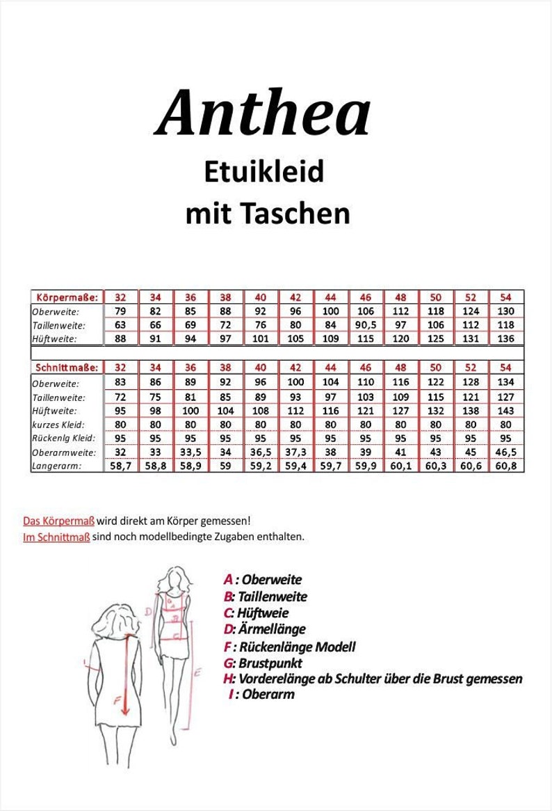May include: A size chart for a dress pattern called "Anthea" with pockets. The chart shows measurements in inches for both body and pattern sizes. The chart includes measurements for bust, waist, hips, dress length, sleeve length, and armhole.