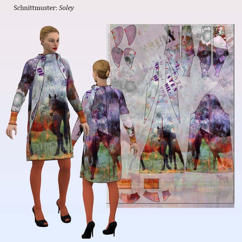 May include: A dress pattern featuring a horse print. The pattern includes pieces for the front, back, sleeves, and collar. The dress is modelled in two different poses.