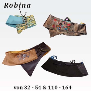 Può includere: Quattro stili diversi di cinture in tessuto, ognuna con un design unico. Le cinture sono realizzate in pelle, tessuto e metallo. Il testo "Robina" è nella parte superiore dell'immagine. Il testo "von 32 - 54 & 110 - 164" è nella parte inferiore dell'immagine.