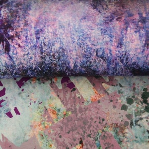 May include: Purple and blue abstract print fabric with a splatter paint design in shades of pink, green, and black.