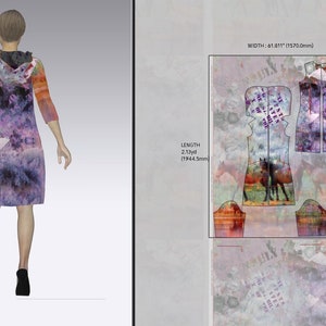 May include: A dress pattern with a colourful abstract print featuring horses. The pattern includes pieces for the front, back, and sleeves. The dress is 157.0 cm wide and 1.94 metres long.