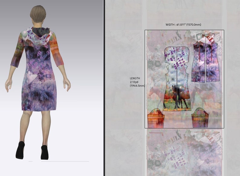 May include: A dress pattern with a colourful abstract print featuring horses. The pattern includes pieces for the front, back, and sleeves. The dress is 157.0 cm wide and 1.94 metres long.