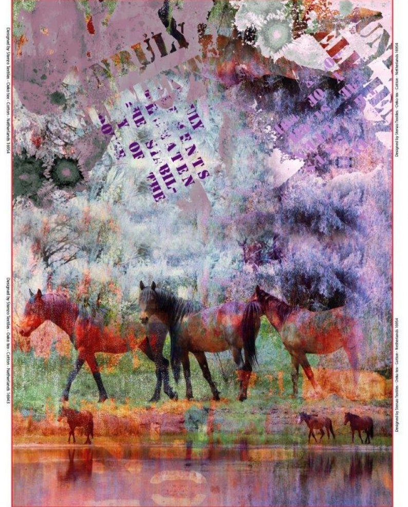 May include: A digital art print featuring a colourful abstract background with horses in a field. The background includes a variety of colours, including purple, blue, green, and red. The horses are brown and black and are standing in a field of green grass. The text "JULY" is visible in the top left corner of the image.