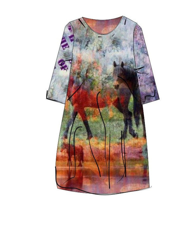 May include: A colourful dress with a watercolour-like print of horses in a field. The dress has a round neckline and 3/4 sleeves.