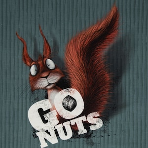 French Terry blue panel with squirrel "Go Nuts by with text by Thorsten Berger