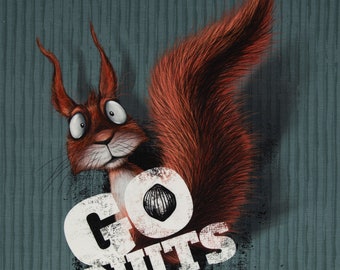 French Terry blue panel with squirrel "Go Nuts by with text by Thorsten Berger