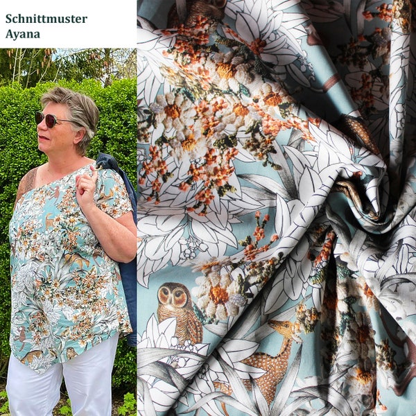 Bio Baumwolle LAWN Stoff - Collage mit afrikanischen Tieren und Pflanzen in Rauchblau