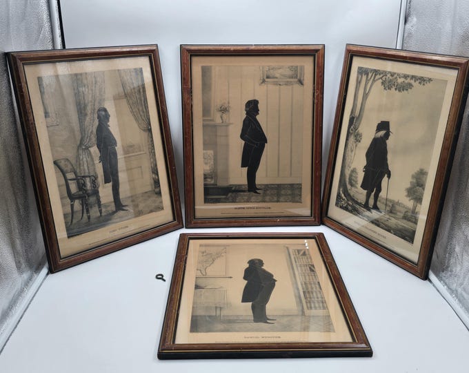 4 framed lithographs of prominent American figures including John Tyler