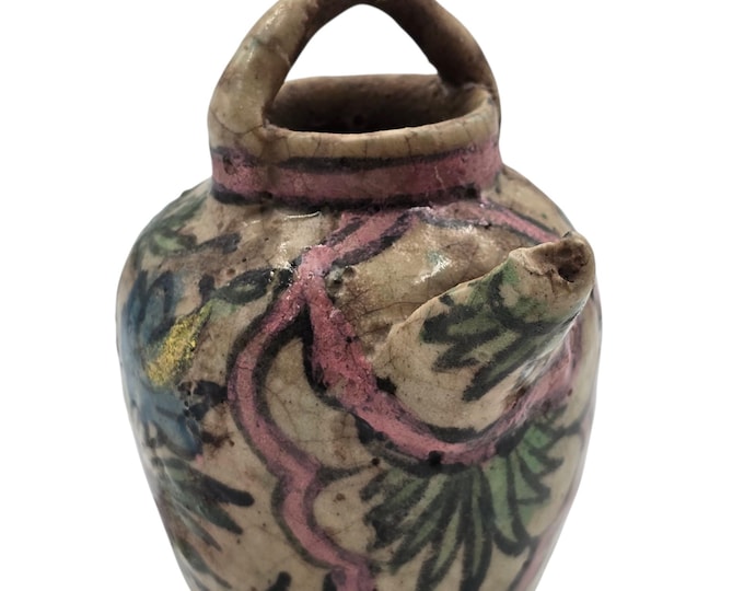 Antique Persian pouring jug, floral decoration, glazed earthenware