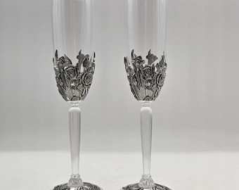 Royal Selangor, 2 Champagne glasses, Crystal and Pewter