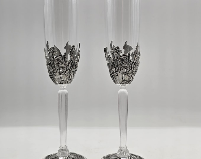 Royal Selangor, 2 Champagne glasses, Crystal and Pewter