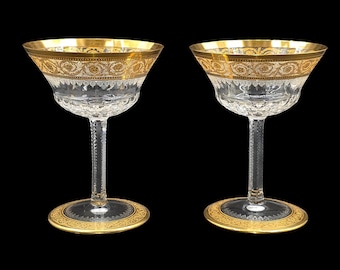 Set of 2 French crystal champagne glasses, St. Louis Thistle gold