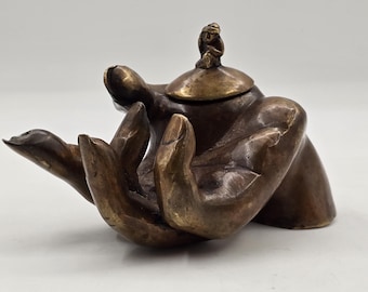 Hand of Buddha, oil lamp or incense pot, Marked antique bronze