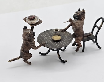Viennese bronze, antique miniature two pug dogs, waiter and customer, High tea