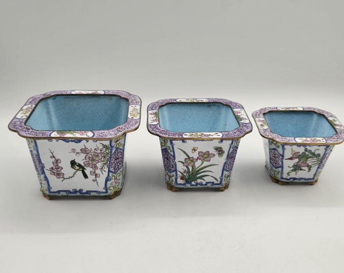 Beautiful set of 3 enameled Chinese flower pots, nested