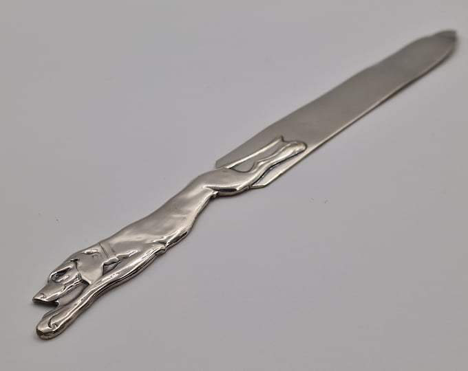 Art Deco silver plated letter opener with hunting dog decoration
