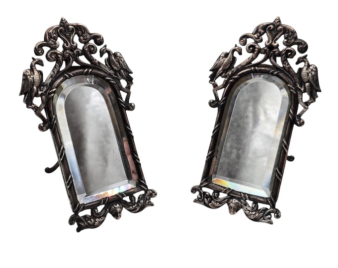 Pair of antique Dutch large miniature mirrors, solid .833 silver, full of hallmarks