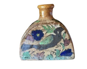 Antique Persian bottle, small vase, floral decoration with bird, glazed earthenware