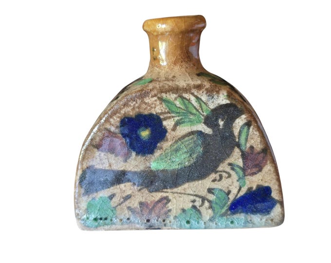 Antique Persian bottle, small vase, floral decoration with bird, glazed earthenware
